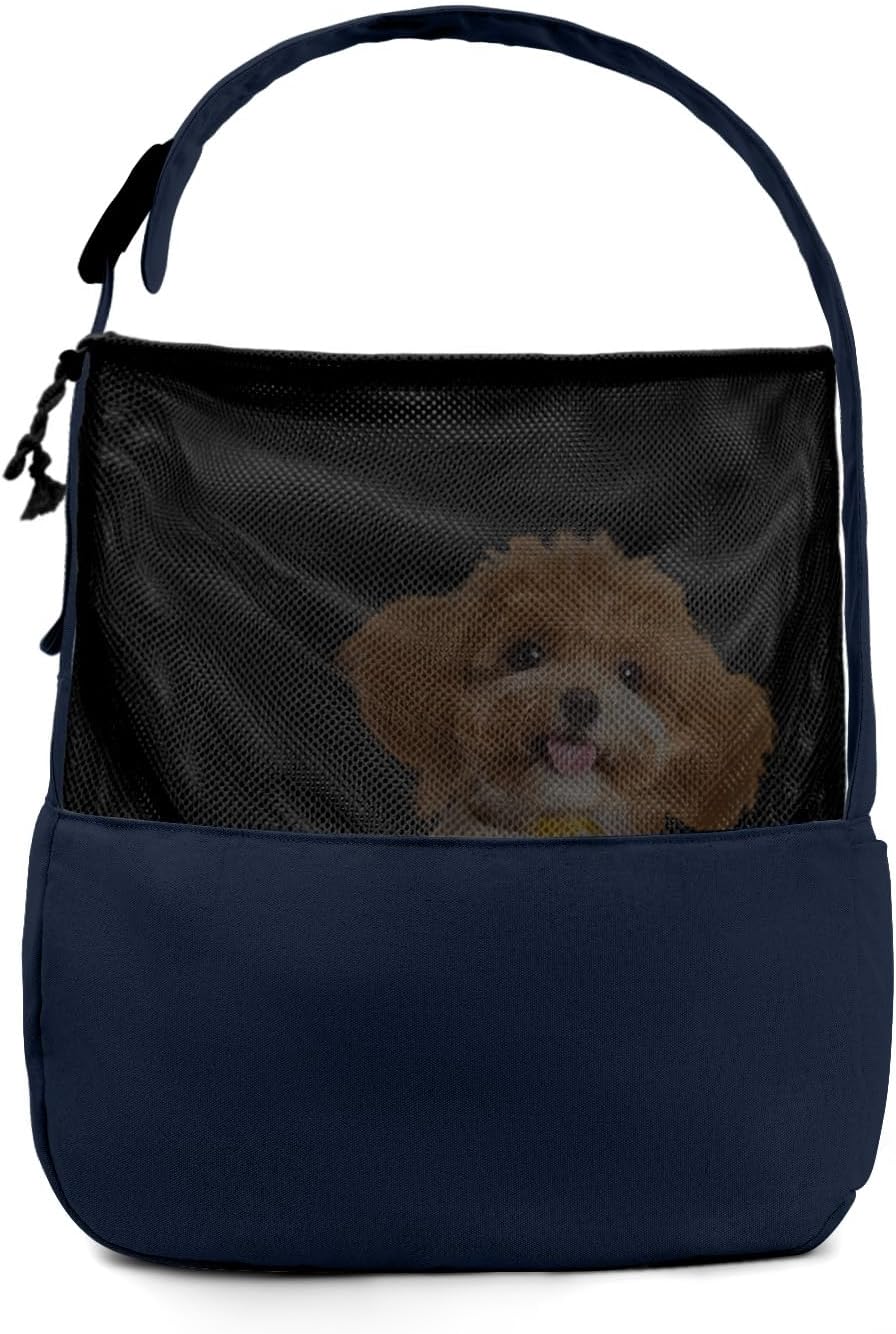 Dog Sling Carrier for Small Dogs and Cats, Lightweight Collapsible Pet Travel Bag with Adjustable Strap, Side Pockets & Breathable Mesh (Navy Blue, 15.7" L x 5.9" W x 8.6" H)
