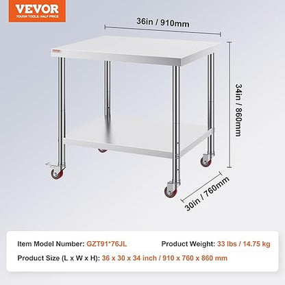 Vevor 30x36x34 Inch Stainless Steel Work Table 3-Stage Adjustable Shelf with 4 Wheels Heavy Duty Commercial Food Prep Worktable with Brake for Kitchen Prep Work : Everything Else