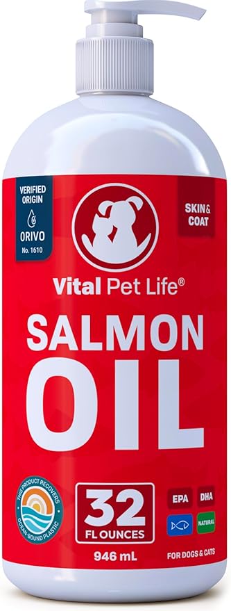 Salmon Oil for Dogs & Cats - Healthy Skin & Coat, Fish Oil, Omega 3 EPA DHA, Liquid Food Supplement for Pets, All Natural, Supports Joint & Bone Health, Natural Allergy & Inflammation Defense, 32 oz