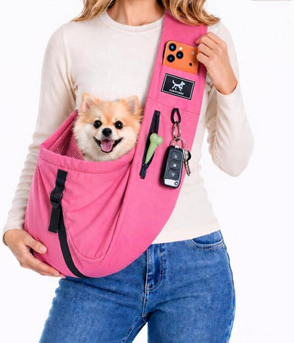 Dog Sling Carrier for Small Dogs & Cats 5-20 lbs, Adjustable Depth | Breathable Air Mesh Puppy Sling, Water-Resistant Travel Bag, Double Safety Leash, Machine Washable, Hands-Free Pouch, Fuchsia
