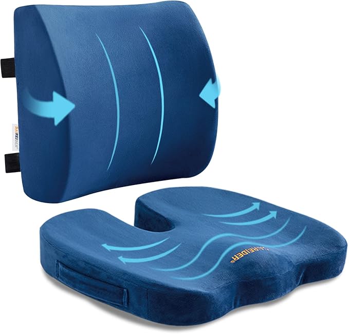 SAIREIDER Chair Cushion and Lumbar Support Pillow for Office Chair, Car Seat Cushions Back Support Pillows, Memory Foam Chair Support for Back&Lumbar, Relieve Tailbone Pain and Sciatica (Blue)