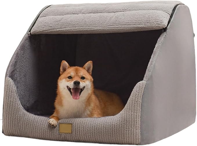 Large Dog House Indoor, Soft Plush Dog Cave Bed Covered Dogs Bed with Fluffy Washable Cushion, Portable Dog/Cat Pet Tent House for Small Medium Dogs (Grey, Large)