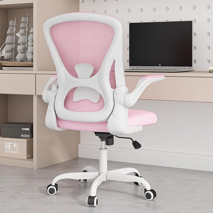 Sytas Ergonomic Desk Chair with Padded Flip up Arms and Supportive Lumbar Support, Breathable Mesh Home Office Chair with Comfortable Cushion for Home or Office(Pink)