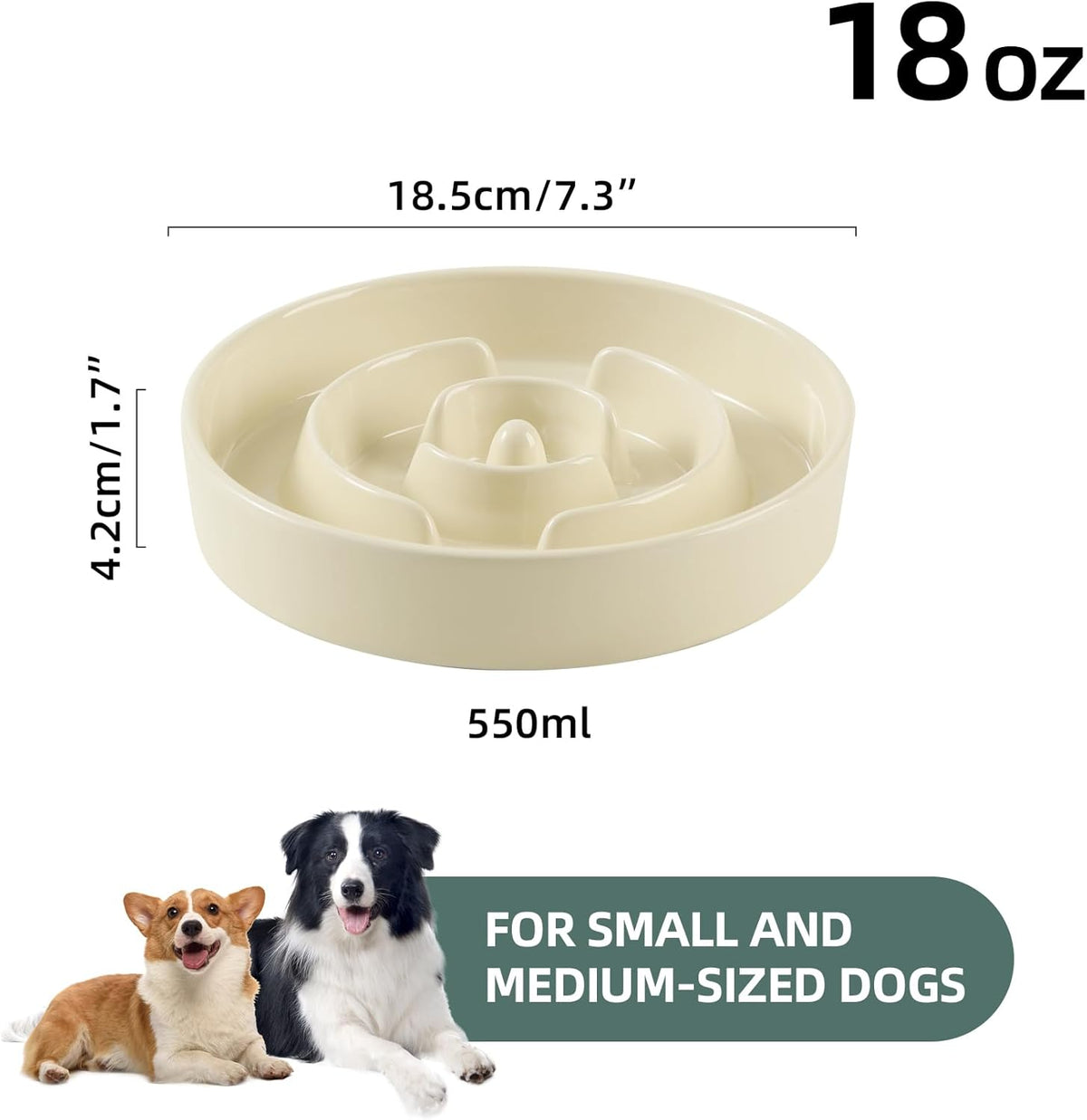 7.3inch Ceramic Slow Feeder Dog Bowl for Medium and Large Breed, Puzzle Dog Food Dish, Anti-Gulping, Pet Slow Feeder, Stop Bloat, Preventing Choking (Single Bowl-Beige)