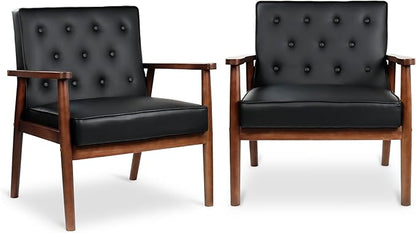 STHOUYN Mid Century Modern Chair, PU Leather Accent Chair Set of 2 with Wood Arms, Living Room Chairs, Reading Armchair for Bedroom, Waiting Room, Office (2, Black 1)