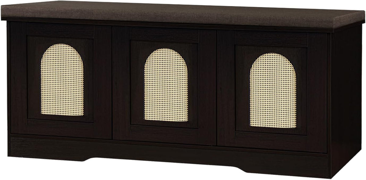 DINZI LVJ Shoe Bench, Entryway Storage Bench with Doors, Cushion, 2-Tier Shoe Rack with 6-Cubby, 39.4”L x 13.8”W Shoe Organizer Cabinet, Adjustable Shelf, Living Room, Bedroom, Espresso with Rattan