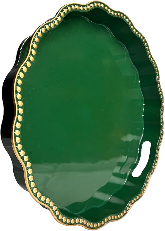 Green Decorative Tray for Coffee Table, Wavy Scallop Beaded Plastic Serving Tray forKitchen Counter, Ottoman, Living Room, (13")