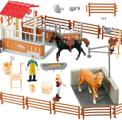 Peagrav Horse Stable Playset with Rider, Wash Area, Fence & Animal Figures - Gifts for Girls & Boys Aged 3-8