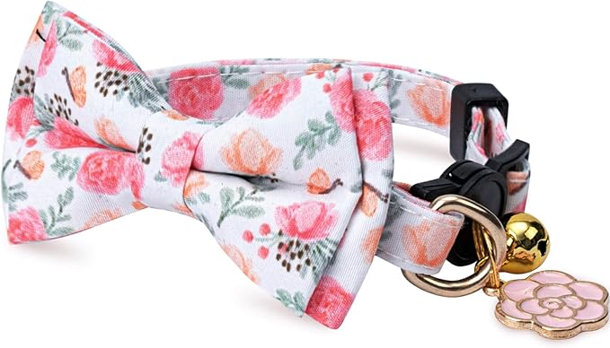 2 Pack Cotton Cat Collar with Bow Tie and Bell for Girl Boy Cats,Cute Pink Flower and Yellow Sunflower Pattern Spring Summer Breakaway Cat Collar for Male Female Cats (Flower&Sunflower)