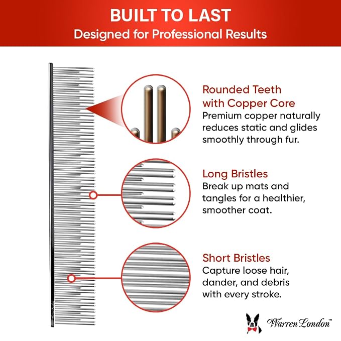 Warren London Carding Pro XL Comb 9in | Copper Grooming Comb with Dual-Length Teeth | Removes Undercoat, Loose Fur, and Dander | Groom like a Professional
