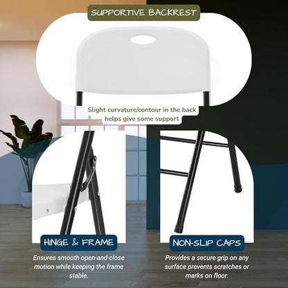 EZONE (4pcs Heavy Duty Plastic Foldable Chair for Adults, Portable Outdoor Seating for Wedding, Event, Party, Backyard, Patio, or Dining Use, Comfortable Stackable Design (White, 4 Pack)