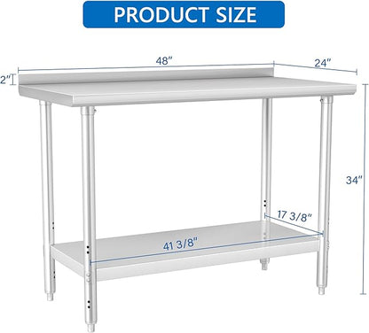 HARDURA All Stainless Steel Table 24X48 Inches Metal Commercial Kitchen Prep Table with Adjustable Undershelf and Backsplash NSF for Prep