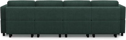 114.2" 5 Seater Modular Sofa with Deep Storage Seat,Corduroy Convertible L Shaped Sectional Couch,Modular Couch with Movable Ottoman Chaise,Upholstered Sectional Couches for Living Room,Green