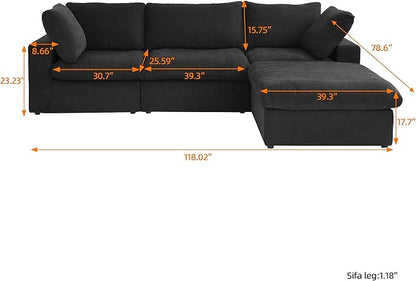 JACH L-Shaped Cloud Sectional Couches for Living Room, Modular Convertible Sofa, Ottoman with Storage, Thick Cushions, Couch Covers Removable, Cloud Sectional Sofas for Apartment (Black)