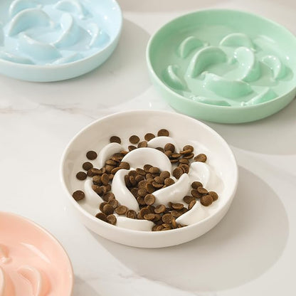 Ceramic Cat Slow Feeder Bowl - Pastel Series Cat Plate for Dry and Wet Food - Cute Maze Feeder Dish for Healthy Eating - Dishwasher Safe - 6.3''W x 1.2''H - 7 OZ - Ivory White