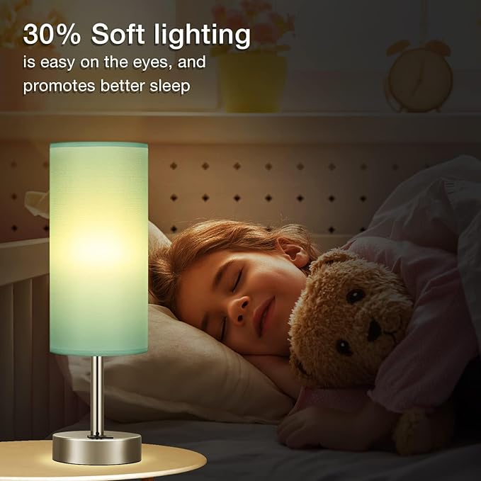 Teal Touch Bedside Lamps for Bedroom - Small Coastal Nightstand Lamp with USB-C and USB A Charging Ports, 3 Way Dimmable Control Table Lamp for Office, Dorm with Fabric Shade Silver Base