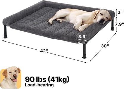 Veehoo Elevated Dog Bed with Fluffy Plush Bolster Cushion, Dog Couch Bed | Cooling Raised Dog Bed for Large Dogs, Washable Orthopedic Pet Cot with Removable Mat, Breathable Mesh, Non-Slip, 42", Grey