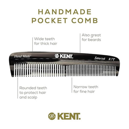 Kent R7TG Black Graphite Double Tooth Hair Pocket Comb, Small Fine/Wide Tooth Comb For Styling Hair, Beard and Mustache, for Men, Women and Kids. Saw Cut and Hand Polished. Handmade in England