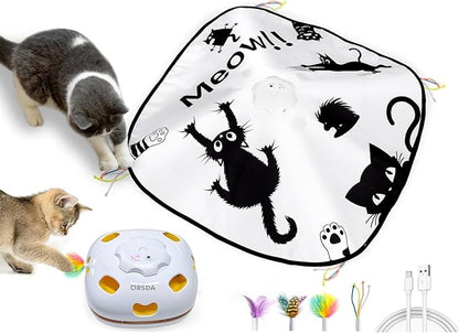 ORSDA Cat Toys for Indoor Cats, 4 in 1 Automatic Interactive Kitten Toy, Rechargeable Electric Whack-A-Mole Moving Ambush Feather, Hide and Seek, Chase Feather for Kitty for Kicker Adult Cat