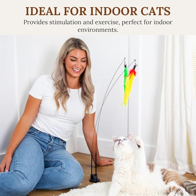 Cat Wand Toy Cat Fishing Pole Toy Cats Feather Toys Suction Cup for Indoor Cats Teaser Wand Feather Attachments Multisurface Base