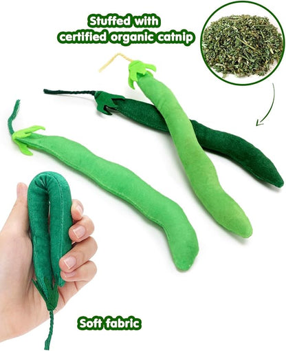 CiyvoLyeen Catnip Toy, Green Bean Cat Toys Kitten Supplies Interactive Kicker Vegetables Vegan Dental Health Teething Chew Gift for Cat Lovers Indoor 4PCS