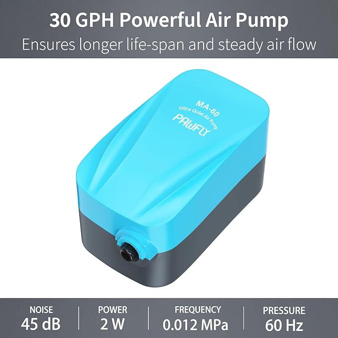 Pawfly Aquarium 15-40 GPH Compact Air Pump Quiet Oxygen Aerator Pump with Air Stone/Nano Bio Sponge Filter Airline Tubing and Check Valve Accessories for 3-20 Gallon Buckets and Fish Tanks
