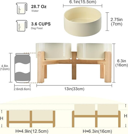 SPUNKYJUNKY Elevated Dog Bowls Ceramic, 6.1'' Dogs and Cat Food Water Bowls Raised with Non-Slip Bamboo Stand for Medium Sized Breed Microwave Dishwasher Safe - 28.7 OZ,Beige
