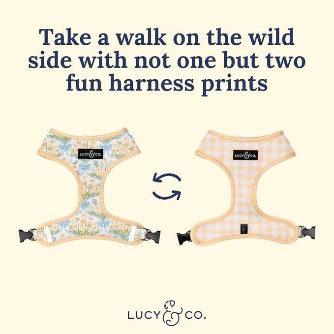 Lucy & Co. Reversible Dog Harness - Water-Repellent Neoprene, Dual-Print Design, Easy Swap Style, Adjustable Comfort Fit - Sunshine Daffodils Reversible Harness - X-Small