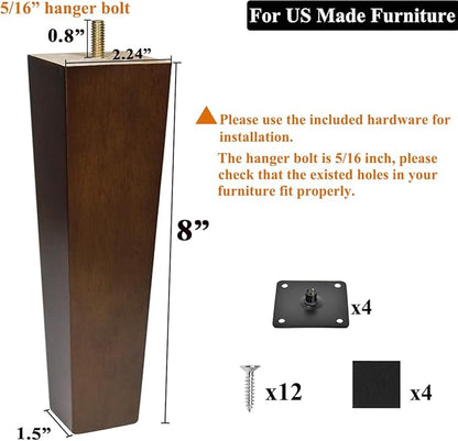 AORYVIC Wood Furniture Legs 8 inch Sofa Legs Set of 4 Square Replacement Legs Brown for MCM Ottoman Armchair Recliner Coffee Table Dresser