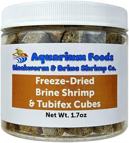 Aquatic Foods Inc. Brine Shrimp & Tubifex Worms - Freeze-Dried Brine Shrimp & Tubifex Cubes for Discus, Cichlids, Koi, Pond Fish, Aquatic Turtles, All Tropical Fish, Marine Fish..1.7oz Med Round Jar