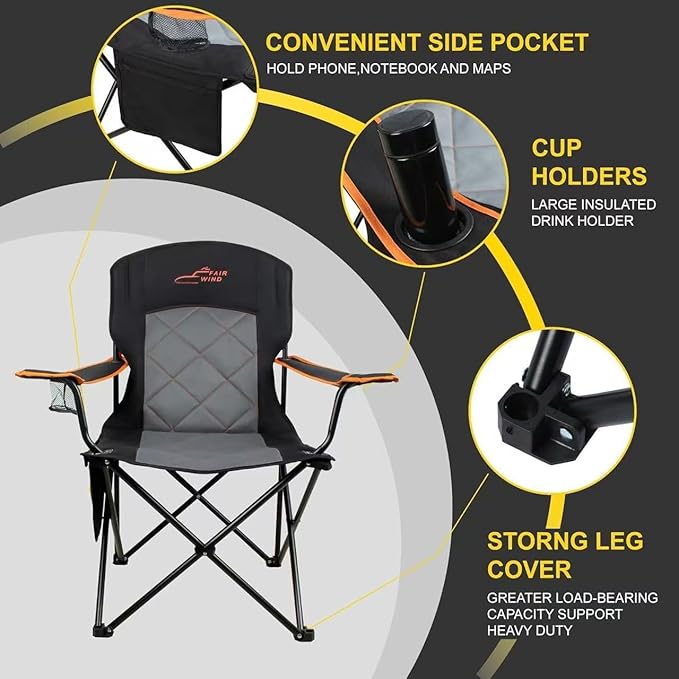 FAIR WIND Oversized Fully Padded Camping Chair, Heavy Duty Quad Fold Chair Arm Chair Support 350 LBS with Cup Holder, Collapsible Lumbar Back Chair Portable for Outdoor, Black