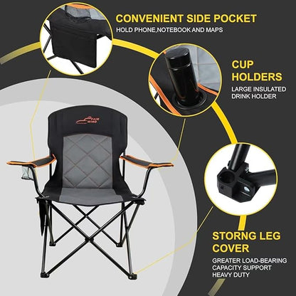 FAIR WIND Oversized Fully Padded Camping Chair, Heavy Duty Quad Fold Chair Arm Chair Support 350 LBS with Cup Holder, Collapsible Lumbar Back Chair Portable for Outdoor, Black