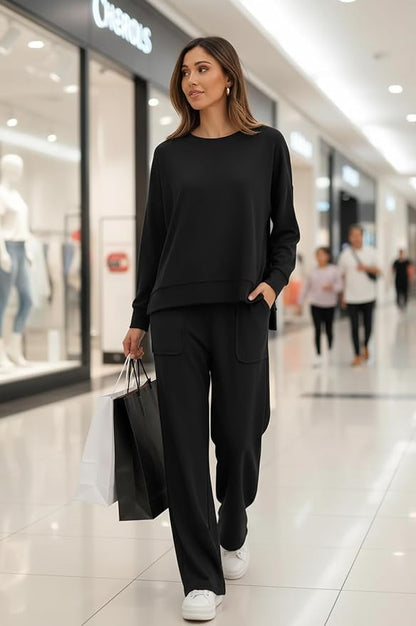 ETCYY NEW Lounge Sets for Women 2 Piece Outfits with Side Split Sweatshirt Tops and Wide Leg Sweatpants