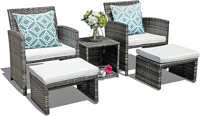 OC Orange-Casual 5 Piece Patio Furniture Set, Wicker Outdoor Conversation Chair and Ottoman Set with Coffee Table, Pillows Included, for Balcony, Porch, Deck, White