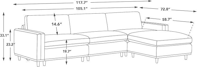 CHITA 118" Super Large Luxury L Shape Convertible Sectional Modular Sofa, FSC Certified Down Filled Modern Sofa with Ottoman, Deep Seat Cloud Couch, 4 Seat Couch, Solid Wood Leg, Faux Leather in Camel