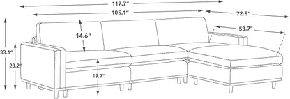 CHITA 118" Super Large Luxury L Shape Convertible Sectional Modular Sofa, FSC Certified Down Filled Modern Sofa with Ottoman, Deep Seat Cloud Couch, 4 Seat Couch, Solid Wood Leg, Faux Leather in Camel