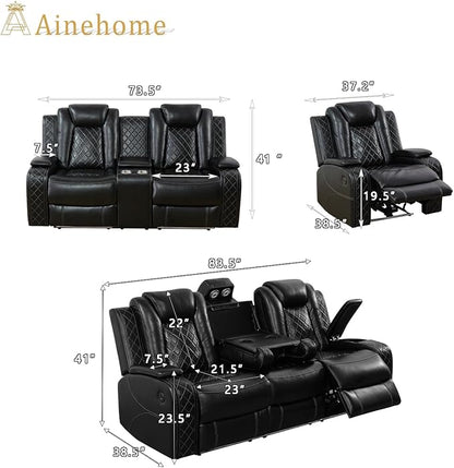A Ainehome Luxury Furniture Sets Power Recliner Sofa Set Recliner Leather Sofas Loveseat Chair for Living Room Furniture/Small Space/Rv/House/Office/Theater Seating (F-Black, 3 Piece Set)