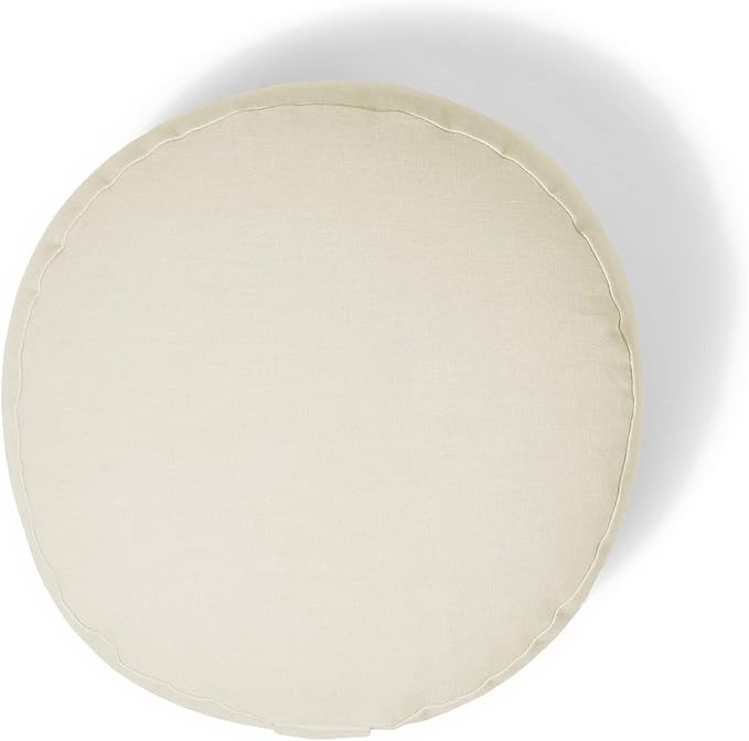 Organic Round Meditation Cushion by renoo - Durable Comfortable Cotton, Linen, Hemp - Modern Zafu - Buckwheat Floor Pillow Yoga Bolster in 15 Colors Removable Cover - 15 inches - Vanilla