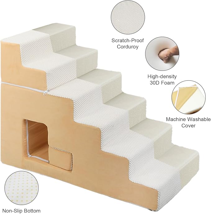 Dog Stairs for Small Dogs 27”H, 6-Step Dog Steps for High Bed, High-Density Foam Pet Stairs with Non-Slip Removable Washable Cover to Get on Bed(Beige)