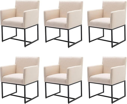 BESTANO Linen Upholstered Dining Chairs with Arms Set of 6 Mid Century Modern Accent Chairs Armchairs with Black Metal Frame, Modern Kitchen & Dining Room Chairs, Cream