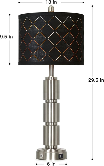 Set of 2 Modern Table Lamps for Living Room Bedroom,29" Tall Bedside Lamp with 2 USB Port,Silver Metal Touch Nightstand Lamp for Desk End Side Table Entryway,Silver