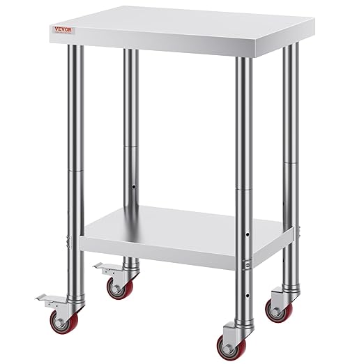 Mophorn 24x18x34 Inch Stainless Steel Work Table 3-Stage Adjustable Shelf with 4 Wheels Heavy Duty Commercial Food Prep Worktable with Brake for Kitchen Prep Work
