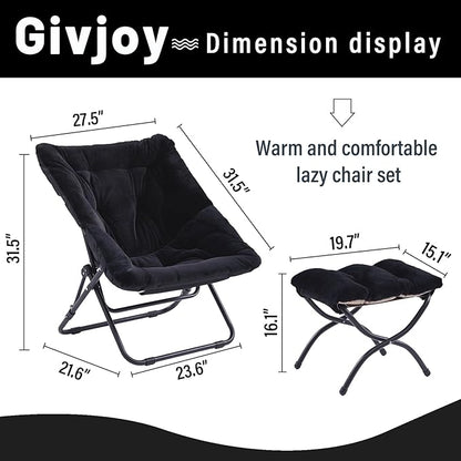 Givjoy Comfy Folded Chair with Ottoman, Oversized Folding Faux Fur Chair Soft Furry Lounge Lazy Chair with Metal Frame Moon Chair Accent Chair for Bedroom, Living Room, Dorm Rooms