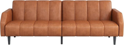 Fadware Faux Leather Couch, Convertible Futon Sofa Bed with Adjustable Backrest, Mid Century Leather Sofa Loveseat with Side Pockets& Metal Leg, Modern Leather Sleeper Sofa for Living Room Bedroom