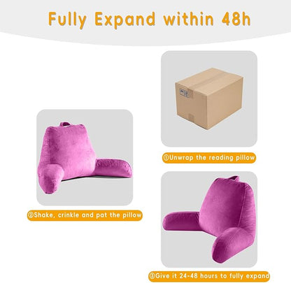 OAISZ Reading Pillow for Sitting in Bed Adult, X-Large Reading Pillow with Shredded Memory Foam, Back Pillow for Sitting Up with Extend Arms, Pockets, Bed Pillow with Washable Cover, Rose Red
