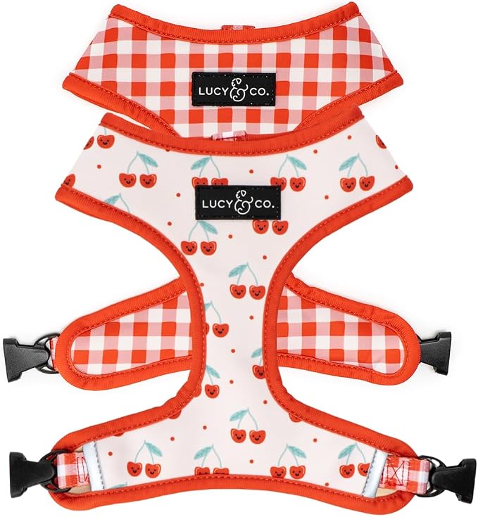 Lucy & Co. Reversible Dog Harness - Water-Repellent Neoprene, Dual-Print Design, Easy Swap Style, Adjustable Comfort Fit - Cheery Cherries Reversible Harness - X-Large