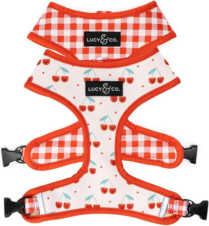 Lucy & Co. Reversible Dog Harness - Water-Repellent Neoprene, Dual-Print Design, Easy Swap Style, Adjustable Comfort Fit - Cheery Cherries Reversible Harness - X-Large