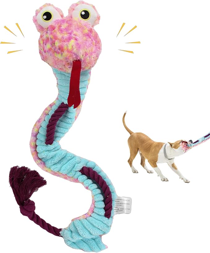 Crinkle Dog Toys Squeaky Plush No Stuffing Cute Puppy Stuffless Tough Rop Pull Toy, Fun Dog Stuffed Animals Durable Chew Set for Small Medium Large Pup (Large, Snake)