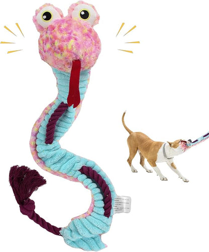 Crinkle Dog Toys Squeaky Plush No Stuffing Cute Puppy Stuffless Tough Rop Pull Toy, Fun Dog Stuffed Animals Durable Chew Set for Small Medium Large Pup (Large, Snake)