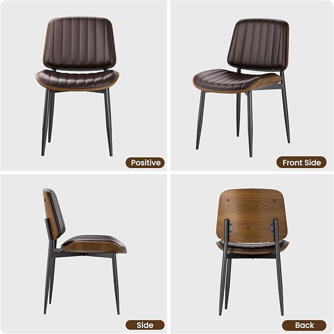 YaFiti Dining Chairs Set of 8, Mid Century Modern Dining Room Kitchen Chairs, Upholstered PU Leather Vertical Stripe Chairs for Vanity with Walnut Bentwood and Metal Legs, Brown